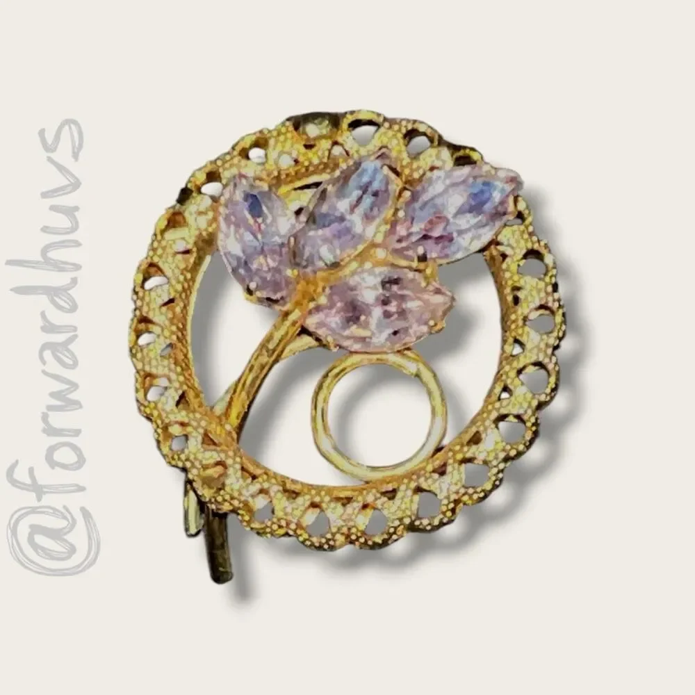 Vintage Lavender Purple Rhinestone Floral Circle Brooch Antique Gold Tone